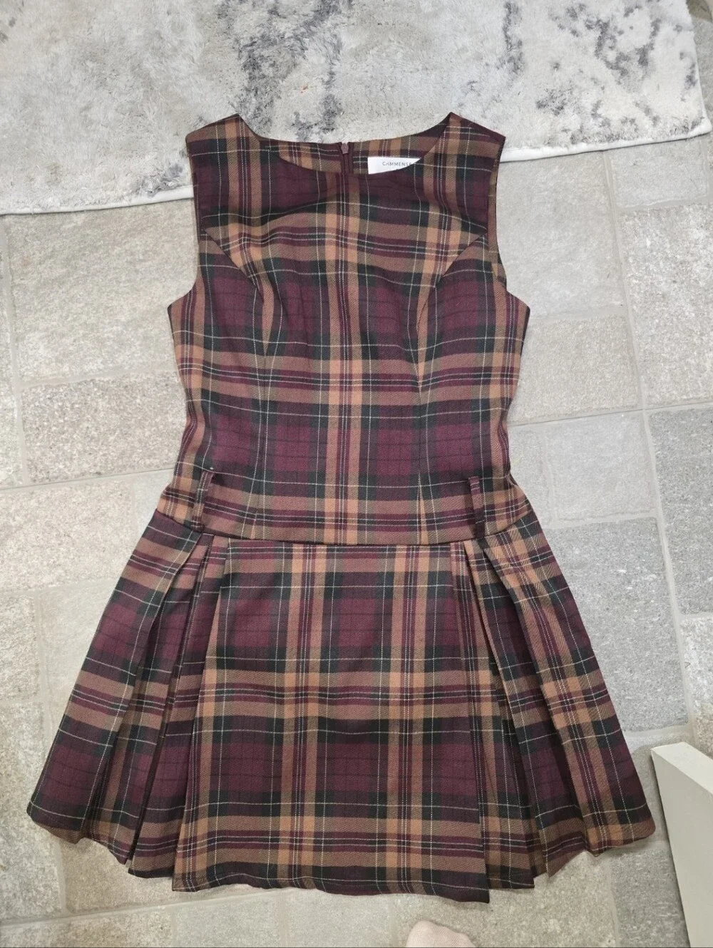 NWT Commense Checkered Pleated Tank Dress Without Belt Small Plaid Mini Red Tan - Picture 6 of 11
